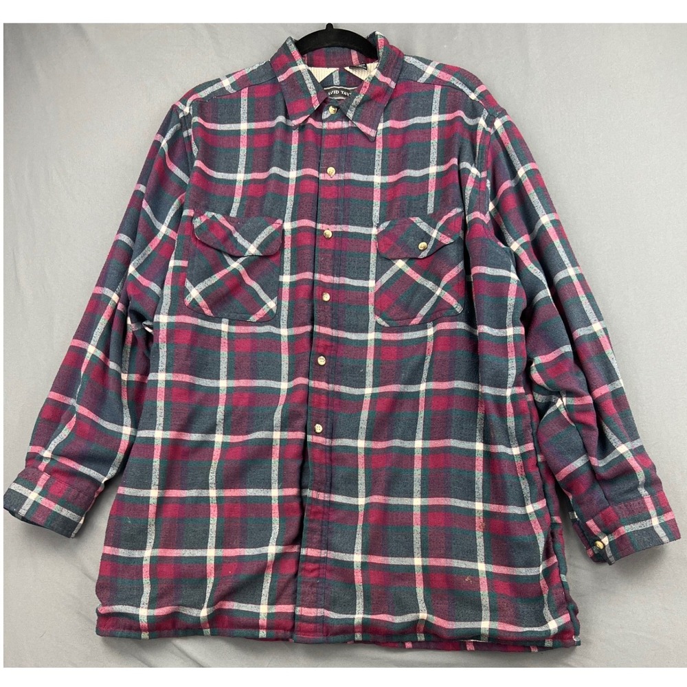 David Taylor Flannel Shirt Mens L Thermal Lined Plaid Burgundy Teal Fair